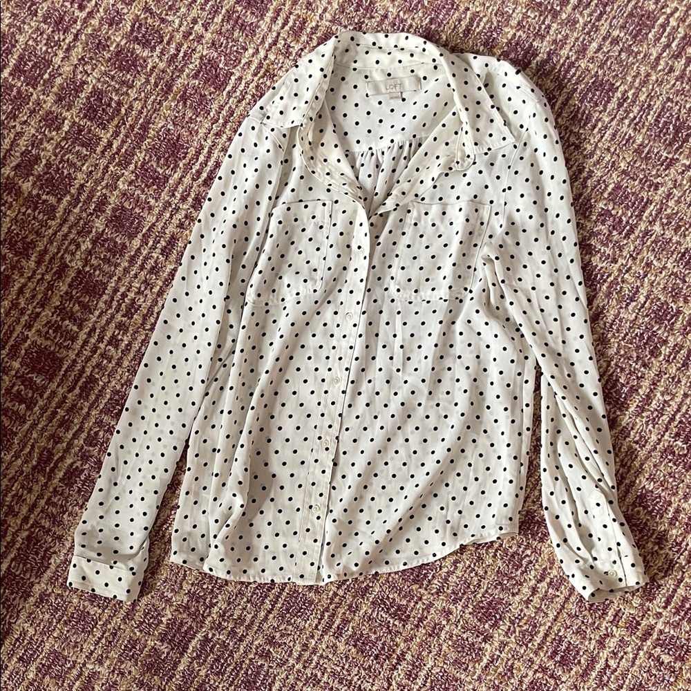 LOFT White and Black Polka Dot Button-Down Shirt